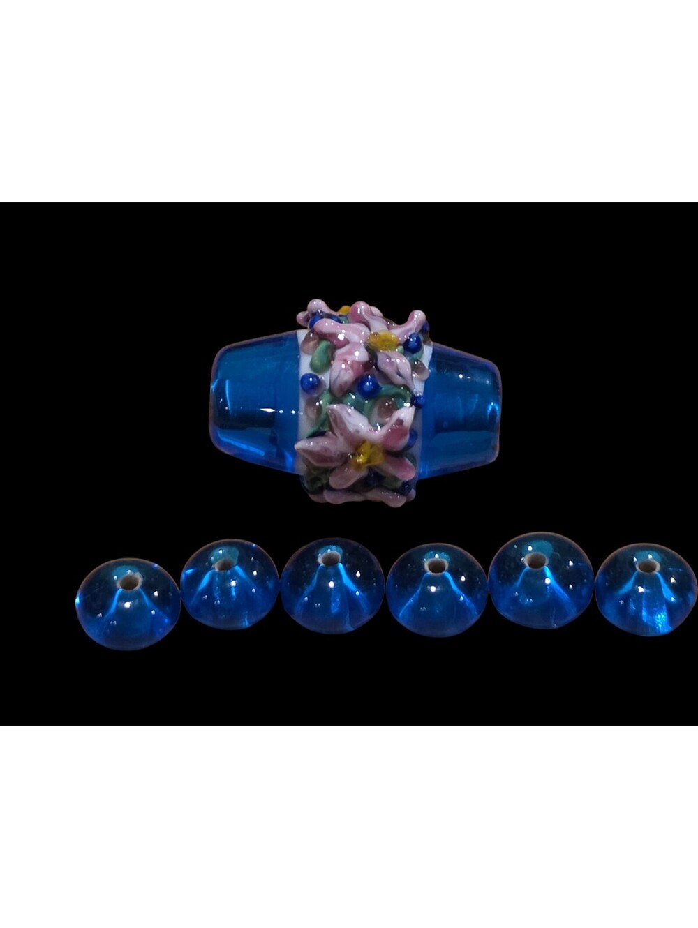 Gorgeous Lampwork Glass Barrel Focsl Bead for Jewelry Blue Floral Set